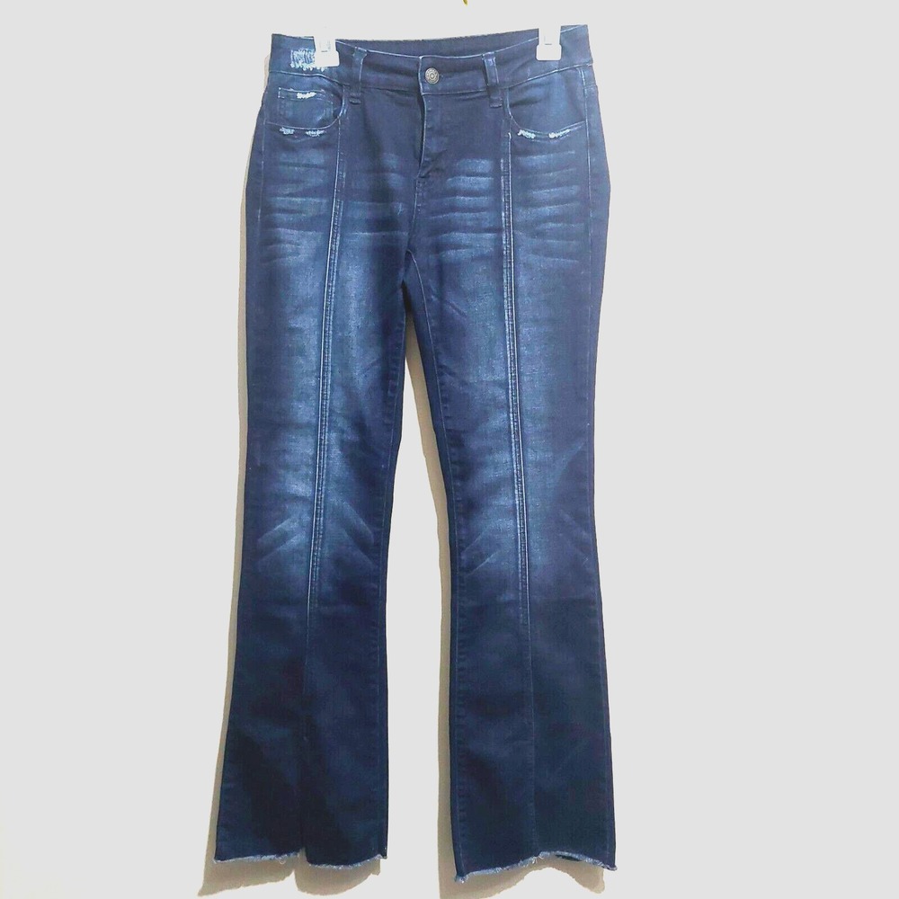 Litz Womens Size 30 Denim Jeans Raw Hem Slit Flare Leg Dark Wash Front Seam
